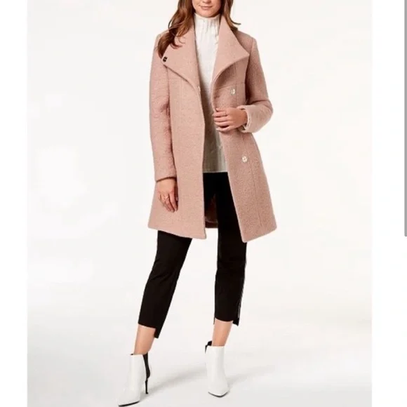 EUC Kenneth Cole Blush Pink Bouclé Wool Asymmetrical Stand Collar Winter Coat - Picture 5 of 7